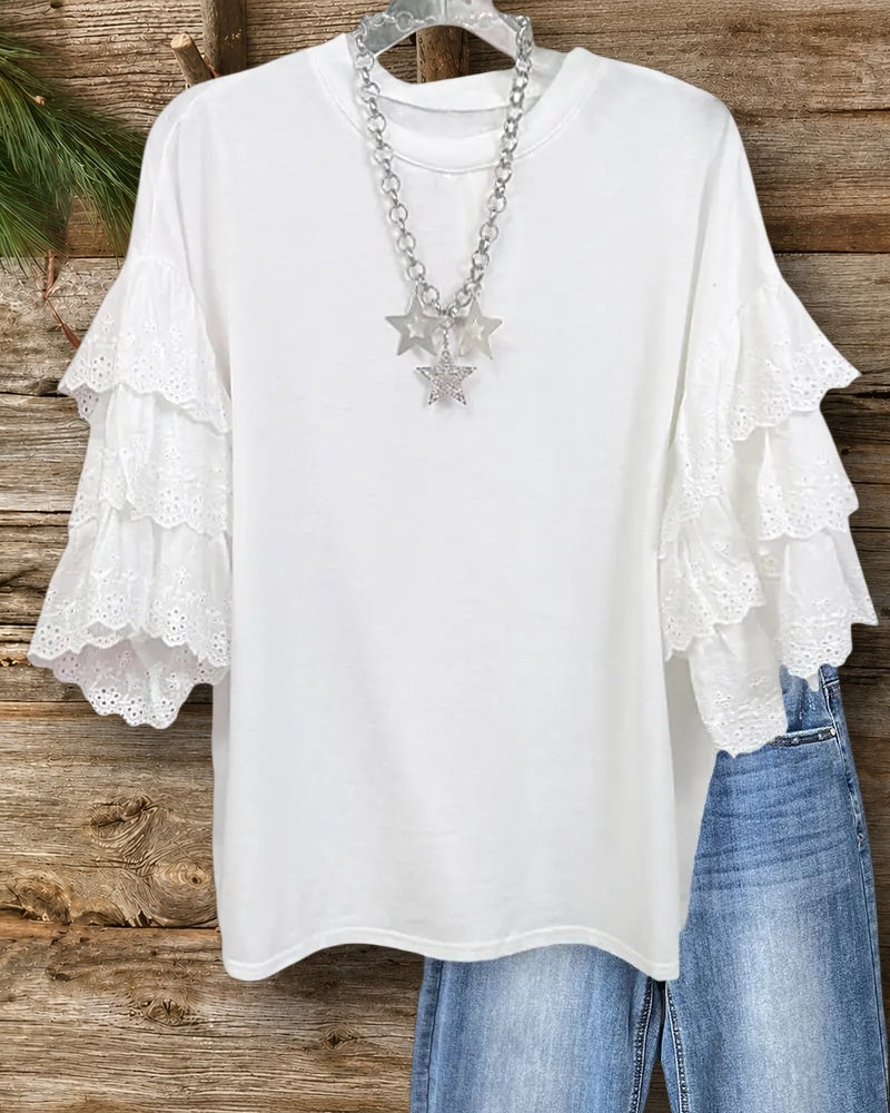 Crew Neck Tiered Ruffle Sleeve Eyelet Trim Casual T-shirt