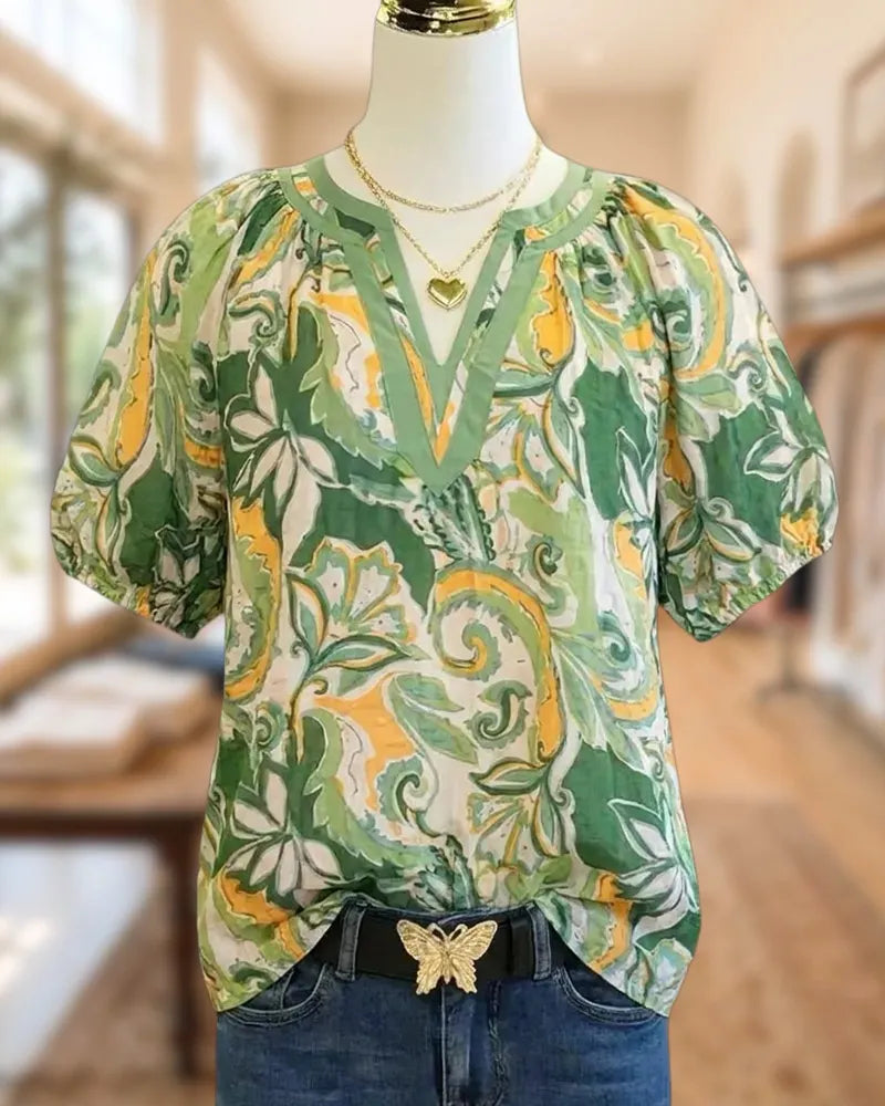 V Neck Trim Puff Sleeve Paisley Print Blouse