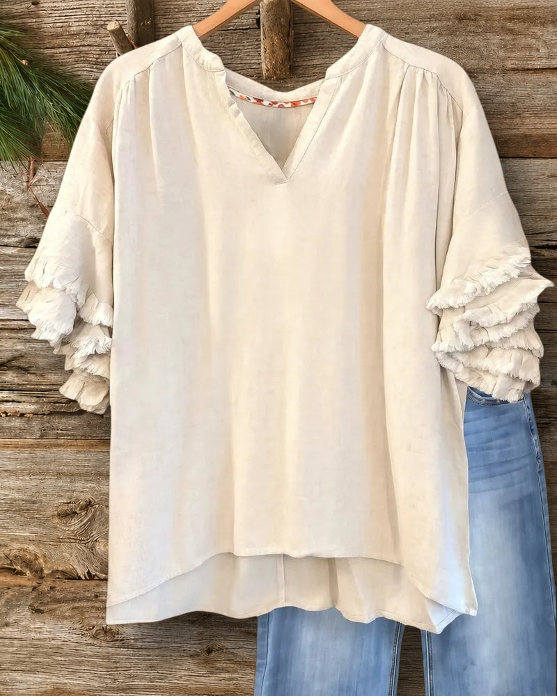 Solid Color Frayed Ruffle Sleeve Laid Back Blouse