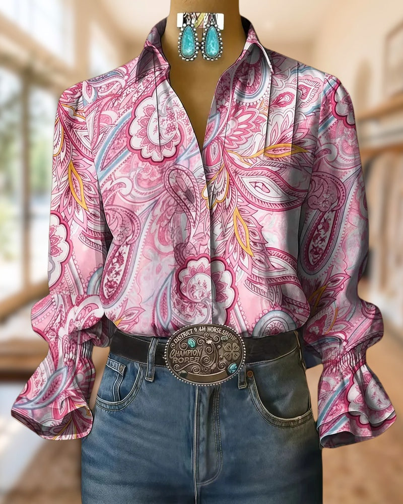 Paisley Print Pretty Trumpet Sleeve Button Up Blouse