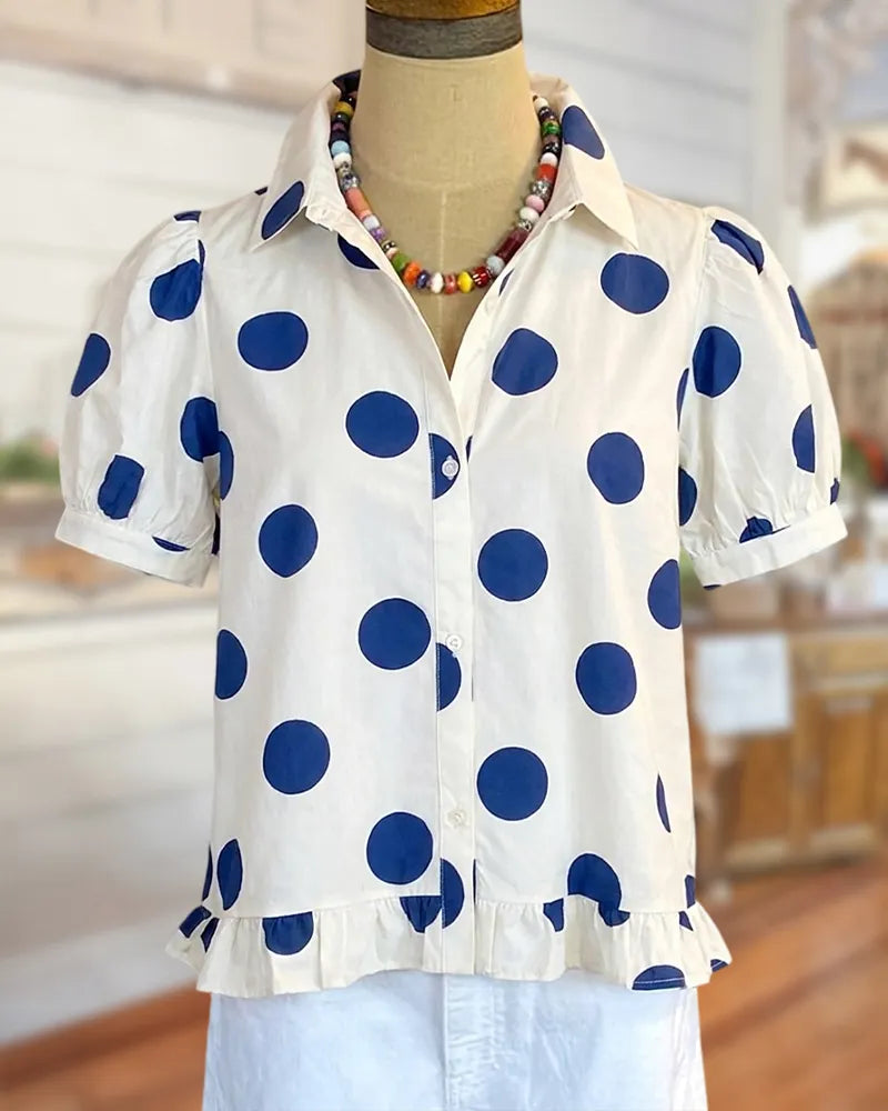 Polka Dot Puff Sleeve Ruffle Hem Blouse