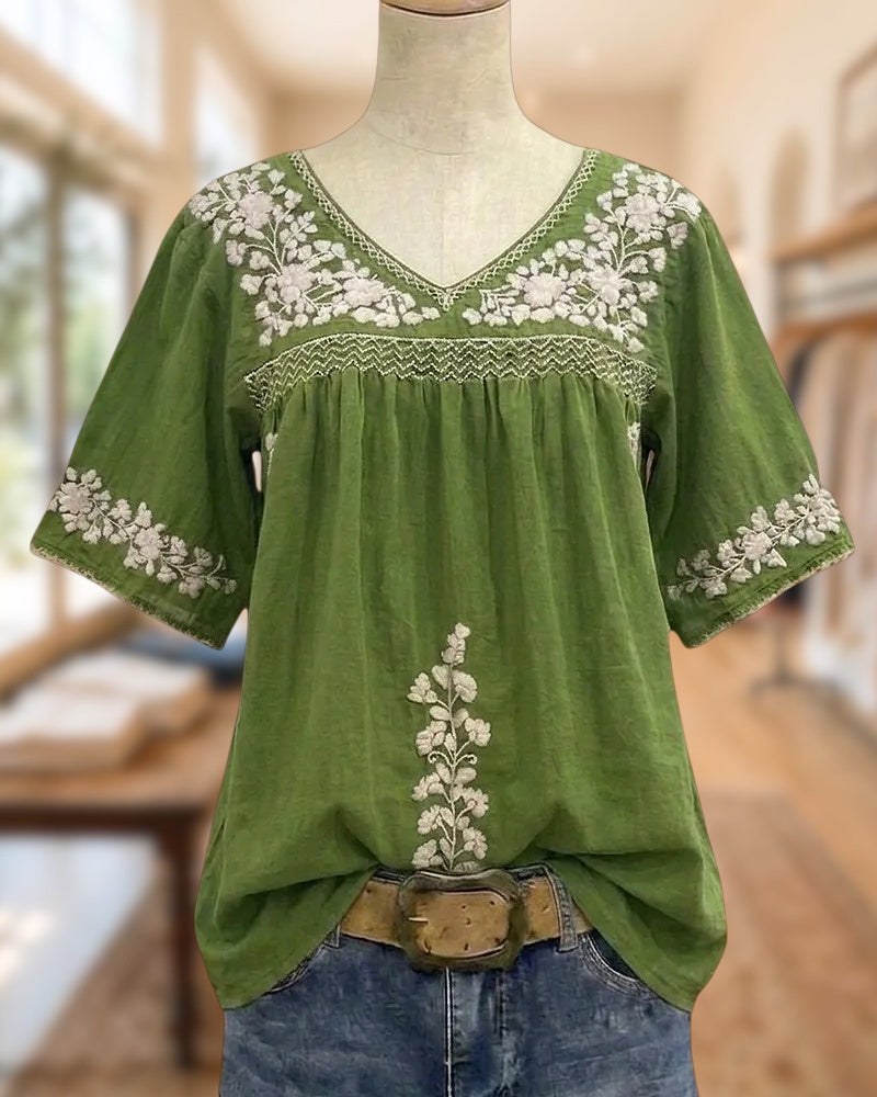V Neck Floral Embroidered Short Sleeve Loose Casual Blouse