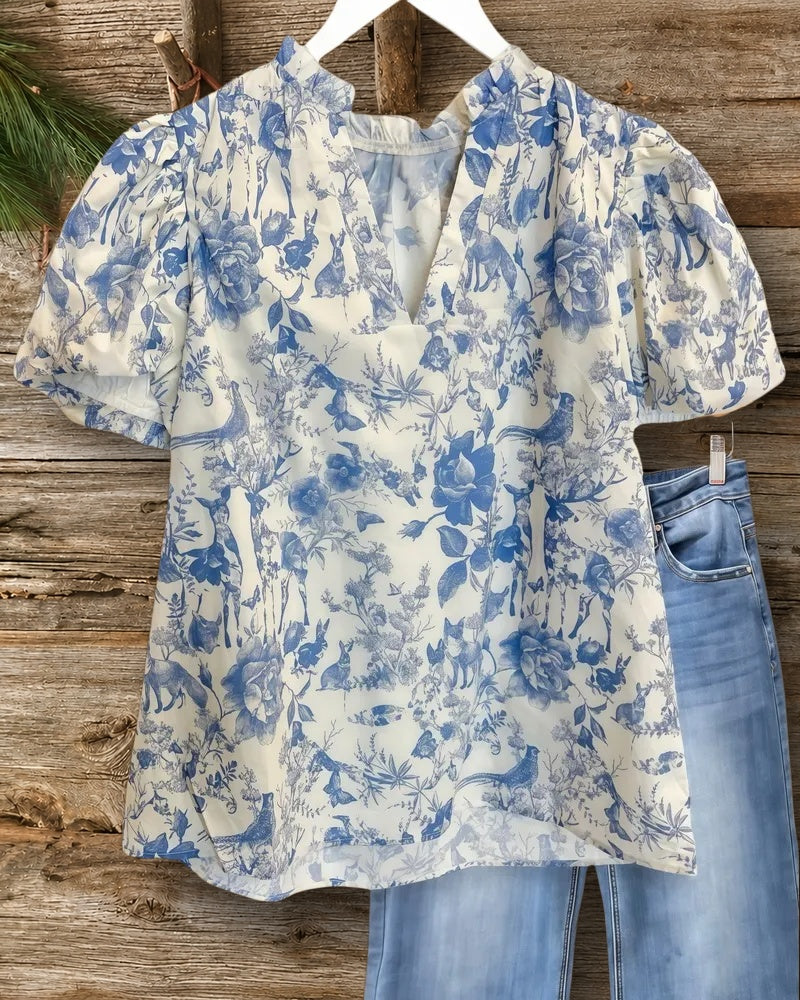 Animal & Floral Mixed Print Chic V Neck Blouse