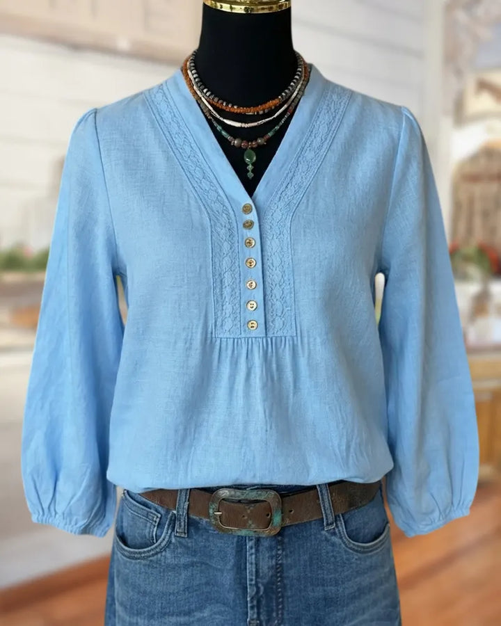 V Neck Button Placket 3/4 Sleeve Lace Trim Blouse