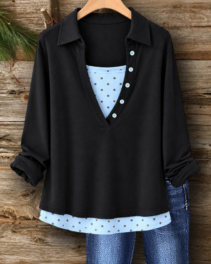 Fake Two Piece Polka Dot Contrast Buttoned Collared Long Sleeve Top