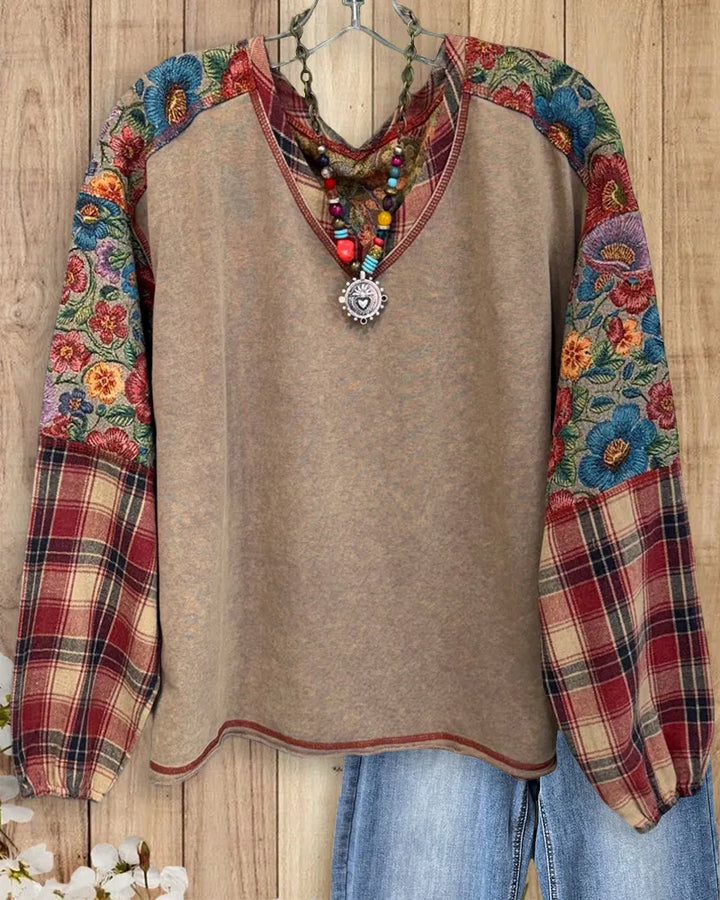 V Neck Patchwork Long Sleeve Comfortable Sweatshirt