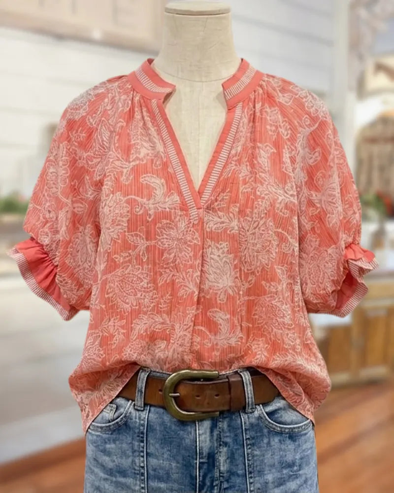 Floral Print V Neck Puff Sleeve Loose Casual Blouse