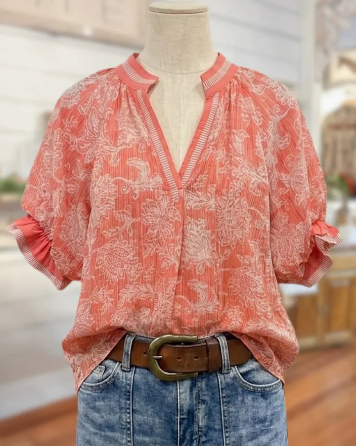 Floral Print V Neck Puff Sleeve Loose Casual Blouse