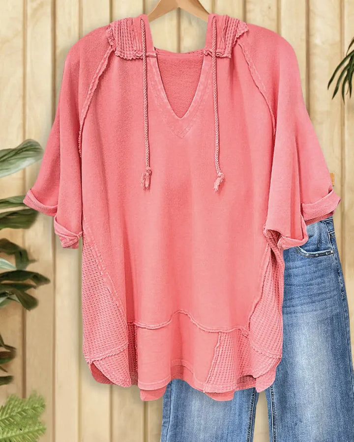 Waffle Patchwork Solid Color Cozy Hooded Seamed Shirt
