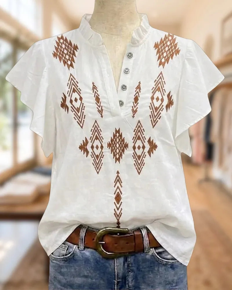 Geometric Embroidery Flutter Sleeve V Neck Ruffled Button Placket Blouse