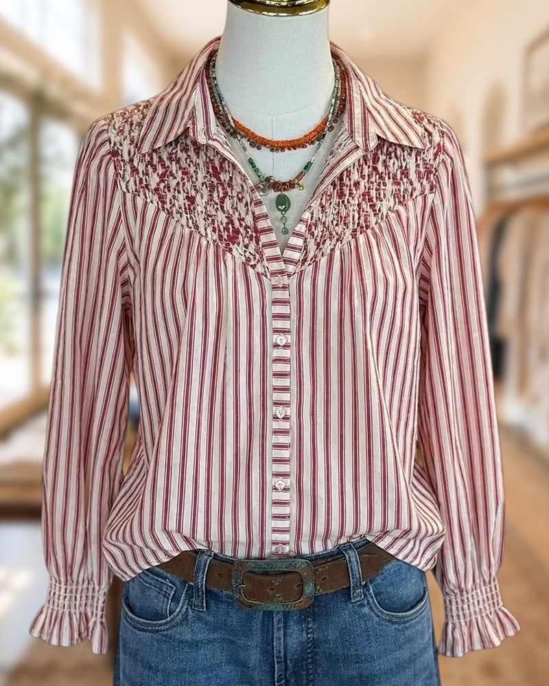 Smocked Yoke Striped Button Front Long Sleeve Casual Blouse