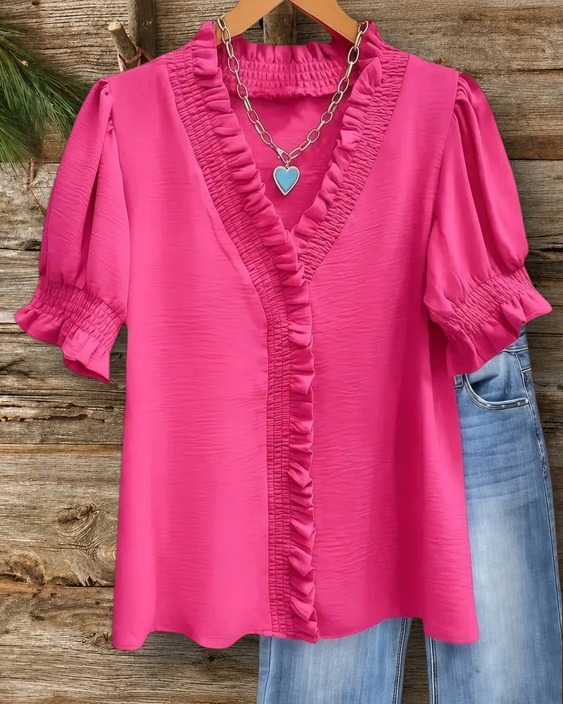 Solid Color Smocked Detail Stylish V Neck T-Shirt
