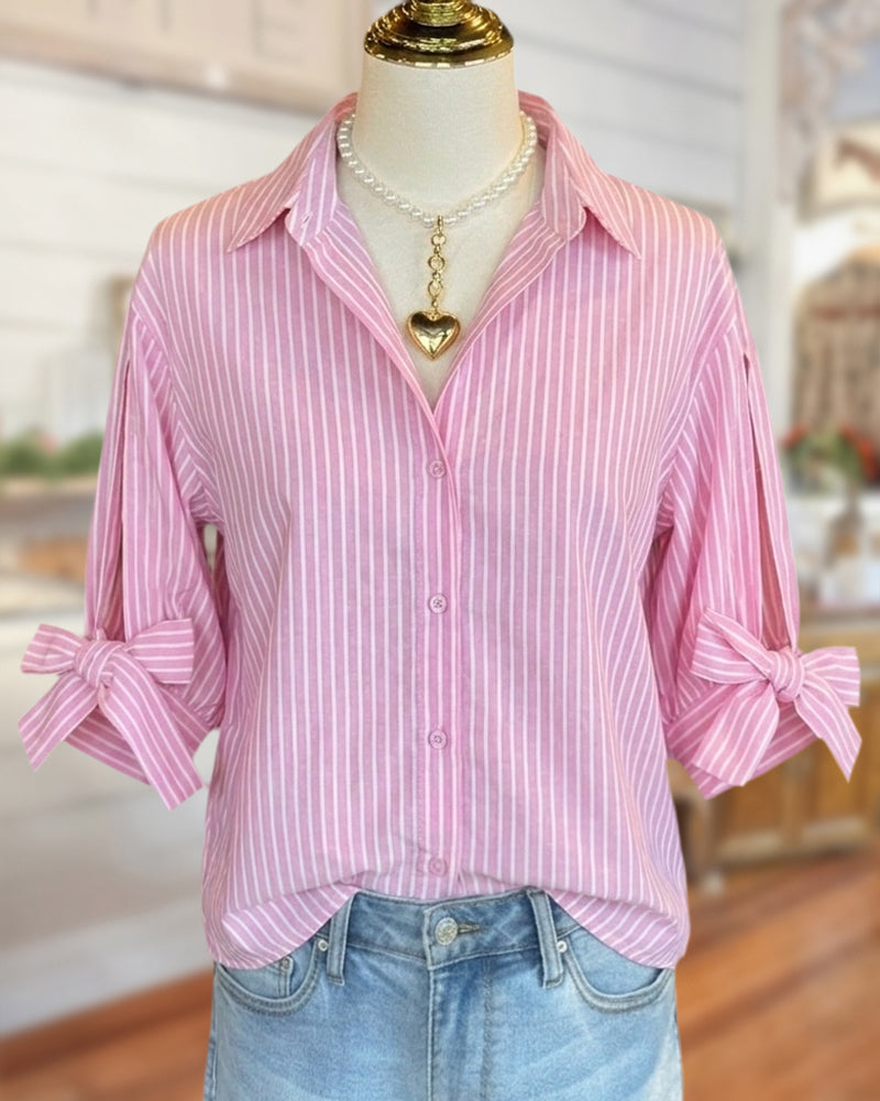 Collared Striped Button Down Shirt With Decorative Bow Cuffs