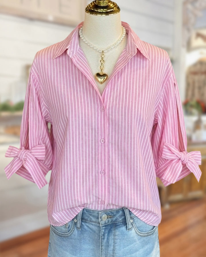 Collared Striped Button Down Shirt With Decorative Bow Cuffs