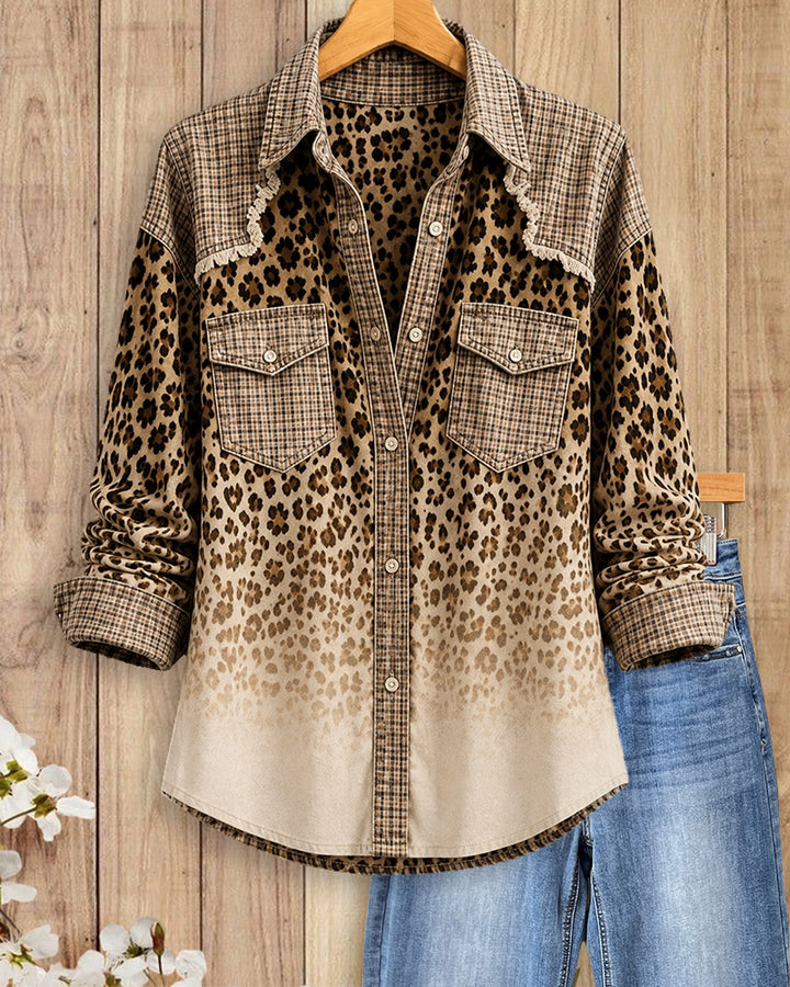 Leopard Plaid Contrast Frayed Trim Button Up Casual Shirt