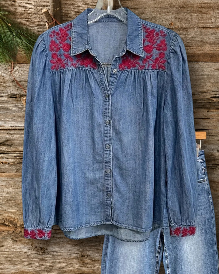 Embroidered Collared Button Front Gathered Yoke Long Sleeve Shirt