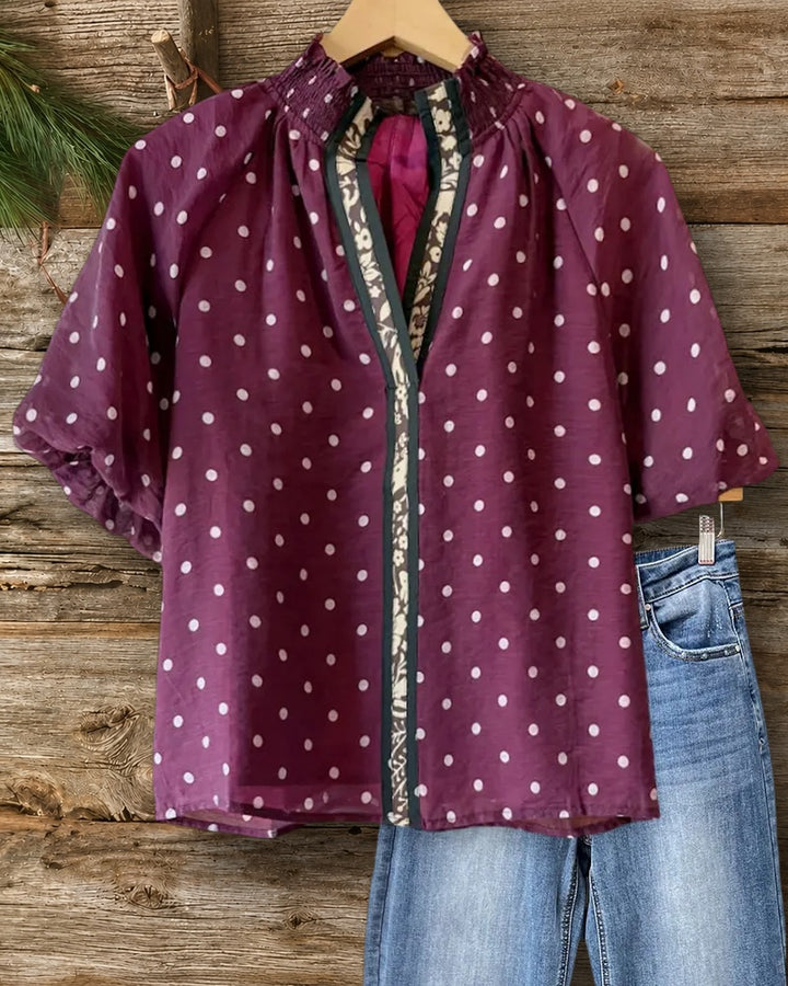 Polka Dot Contrast Trim Puff Sleeve V Neck Blouse