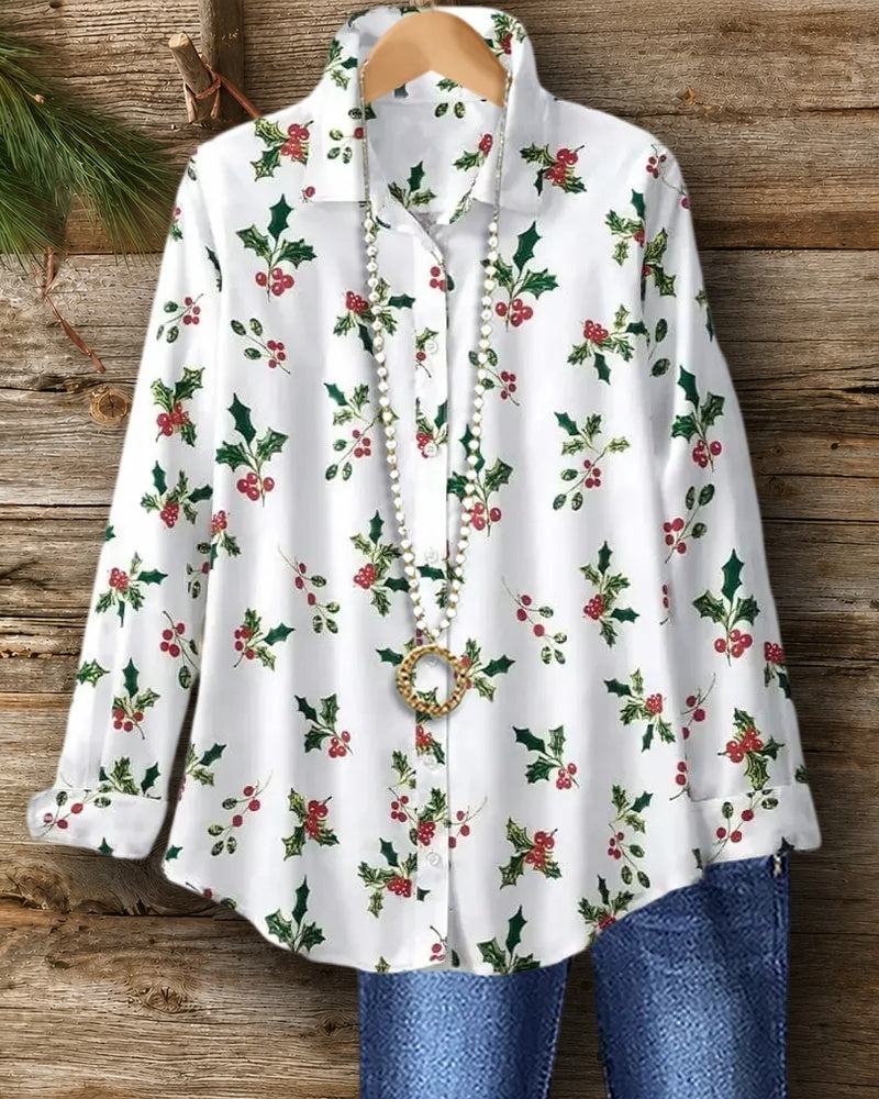 Lapel Button Front Holly Print Shirt