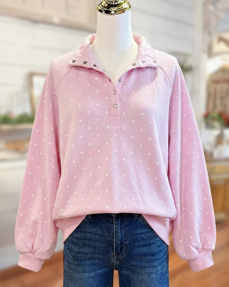 Polka Dot Quarter Snap Stand Collar Drop Shoulder Sweatshirt