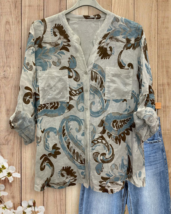 Paisley Print Roll Tab Pocket Blouse