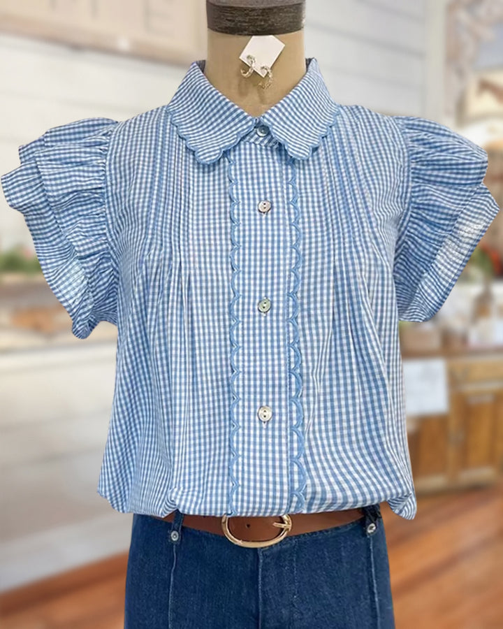 Scalloped Collar Ruffle Sleeve Button Front Casual Gingham Blouse