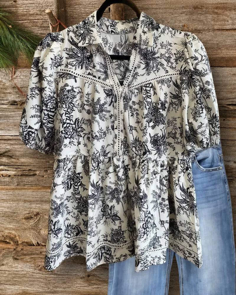 Floral Print Lacy Insert Feminine Peplum Babydoll T-Shirt