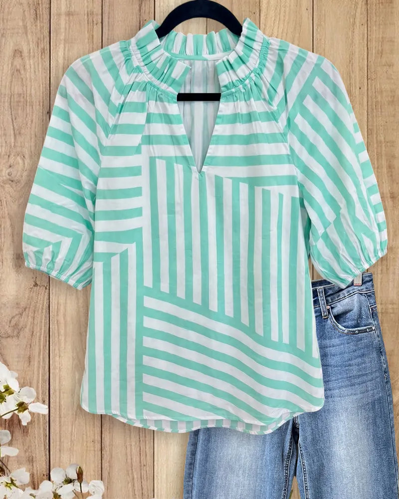 Ruffled V Neck Puff Sleeve Striped Loose Casual Blouse