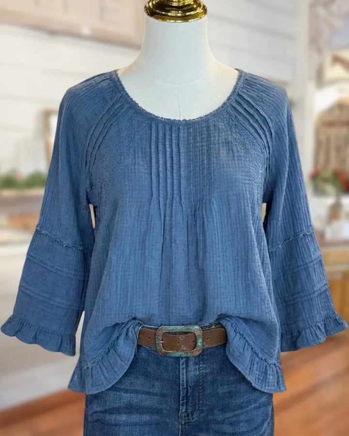 Pleated Detail Ruffle Trim Flare Sleeve Blouse