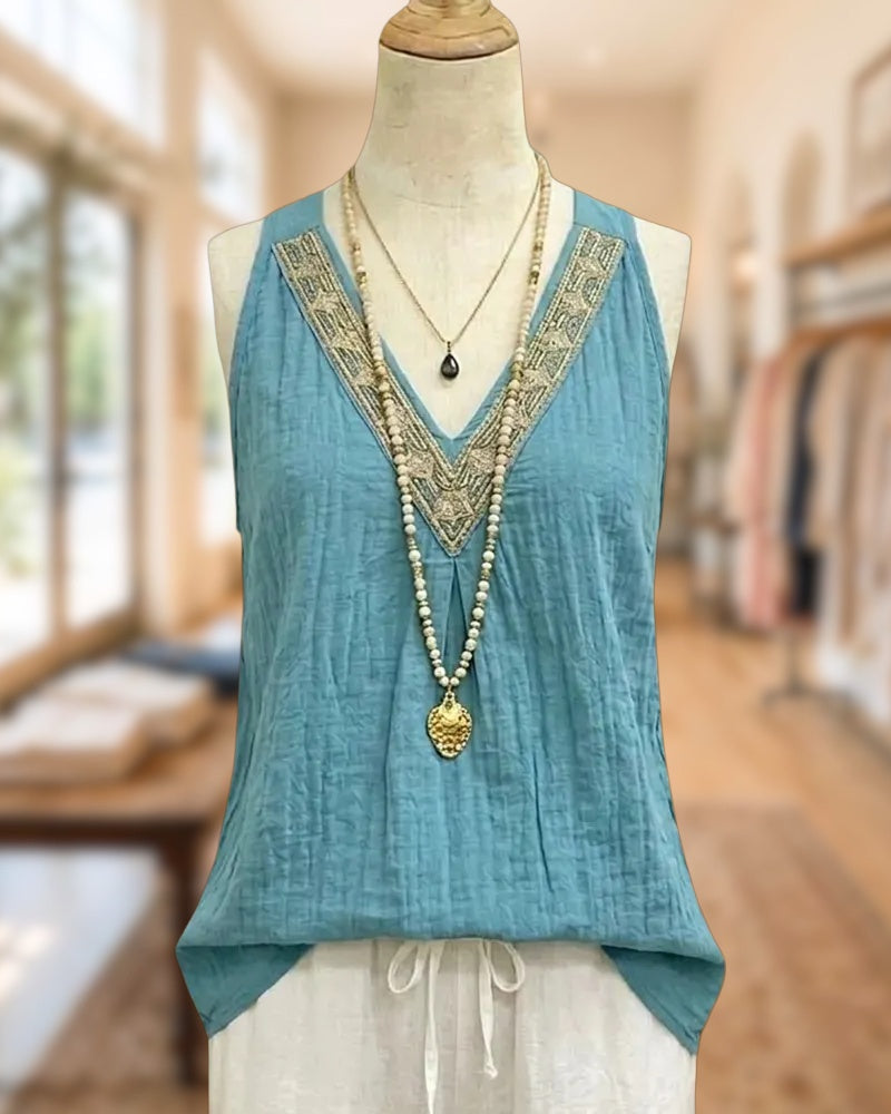 Embroidered Trim V Neck Sleeveless Tank Top