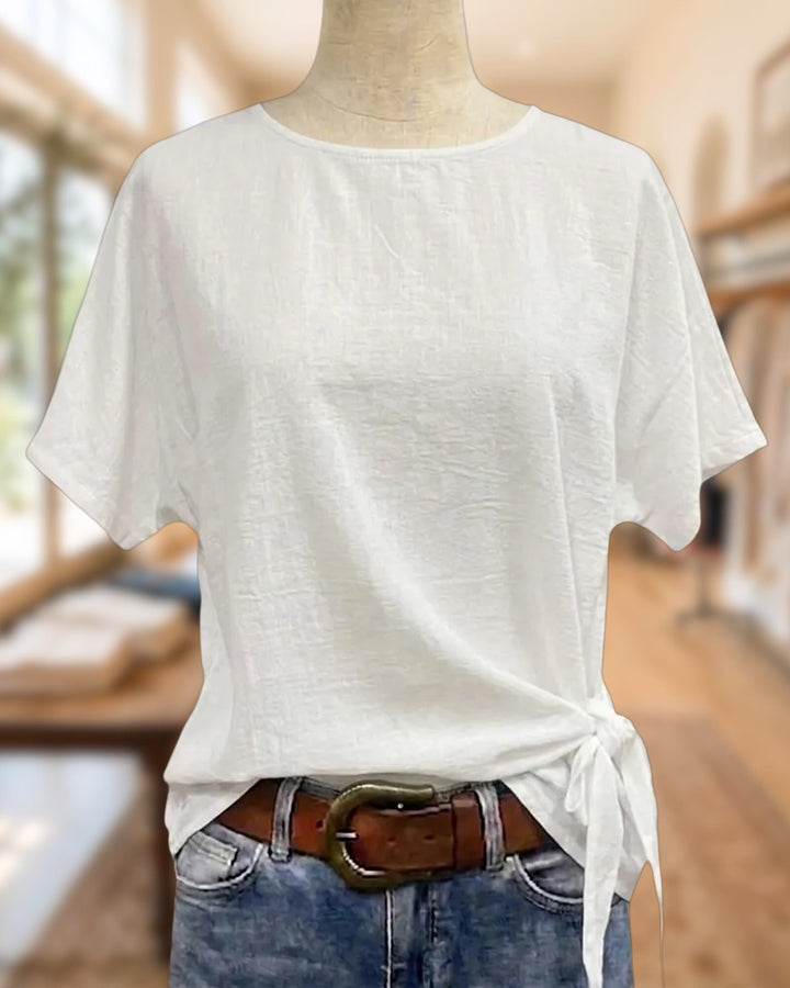 Round Neck Short Sleeve Side Tie Knot Casual T-shirt