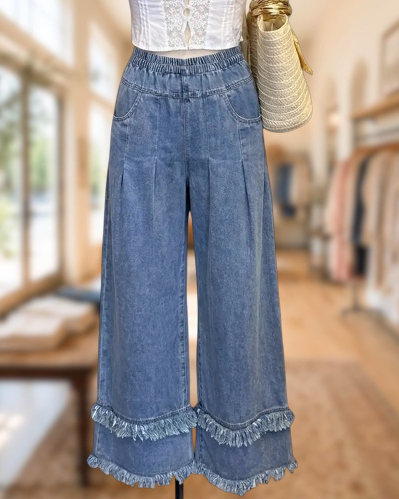 Solid Color Elastic Waist Fringe Hem Wide Leg Jeans