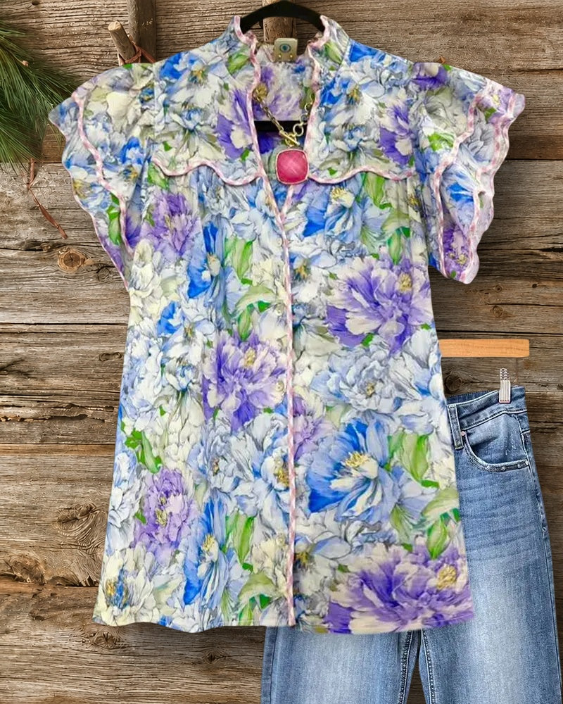 Floral Print Ruffled Trim Flutter Sleeve Loose Casual Blouse