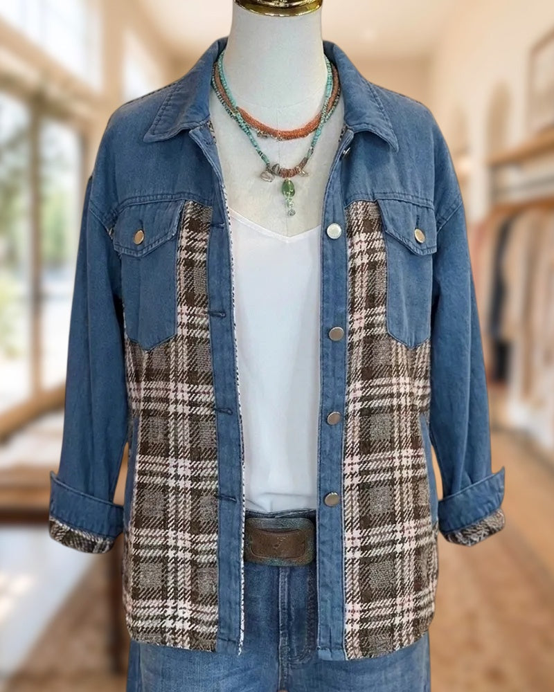 Plaid Patchwork Button Front Chest Pocket Casual Jacket