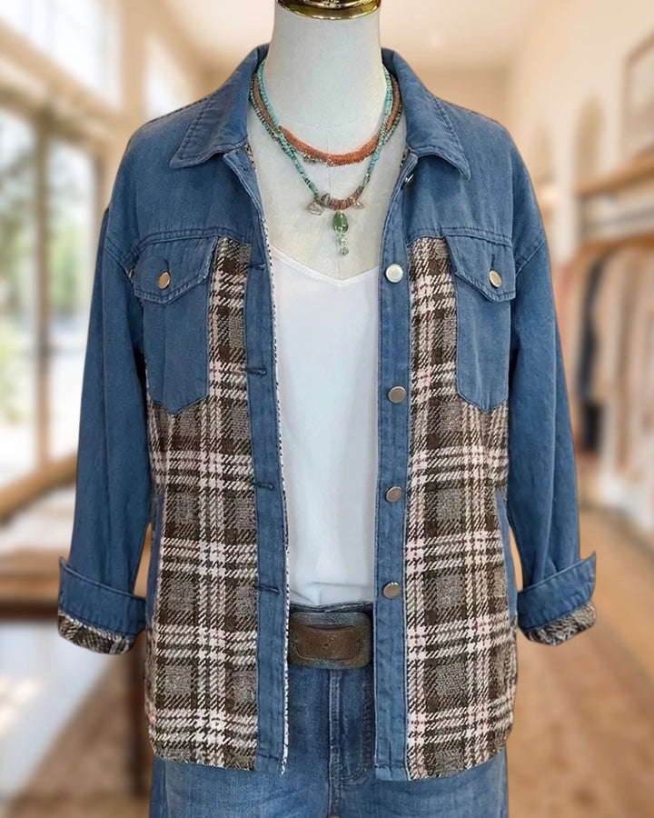 Plaid Patchwork Button Front Chest Pocket Casual Jacket