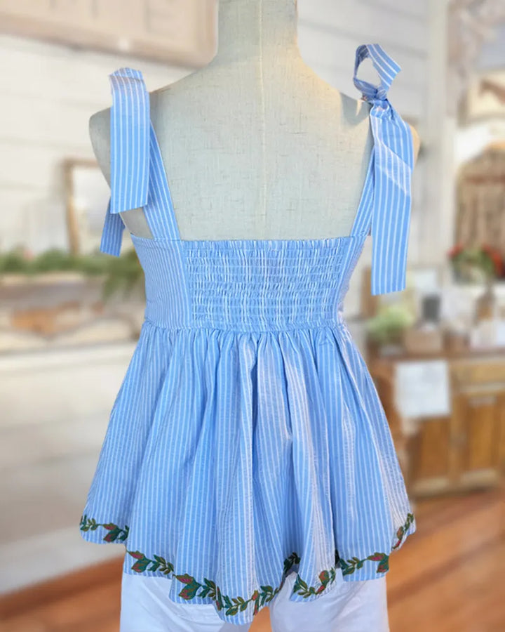 Tie Shoulder Strap Embroidered Peplum Square Neck Casual Top