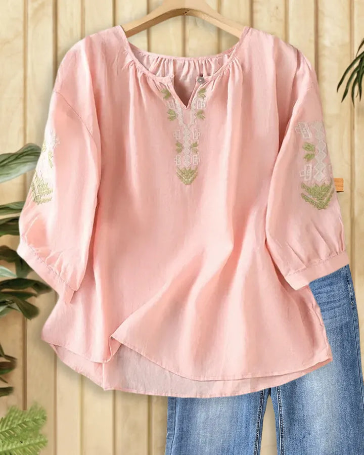 Embroidered V Neck 3/4 Sleeve Loose Casual Blouse