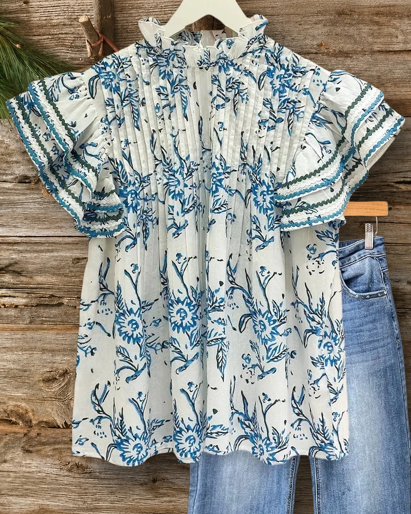 Vintage Floral Print Elegant Ruffles Pleated Detail Camisole