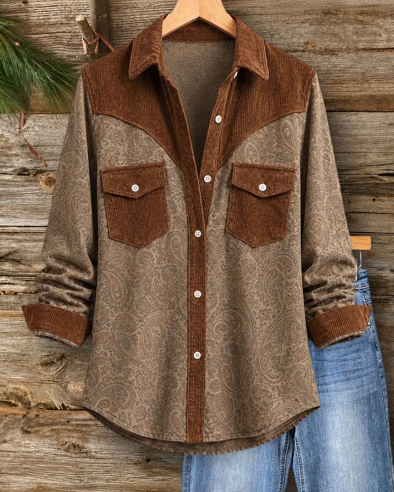 Contrast Panel Paisley Print Button Up Shirt With Flap Pockets