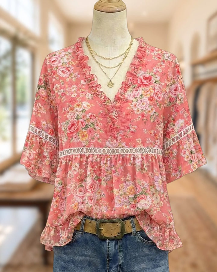 Floral Print Lacy Insert Floaty Ruffle Sleeve Blouse