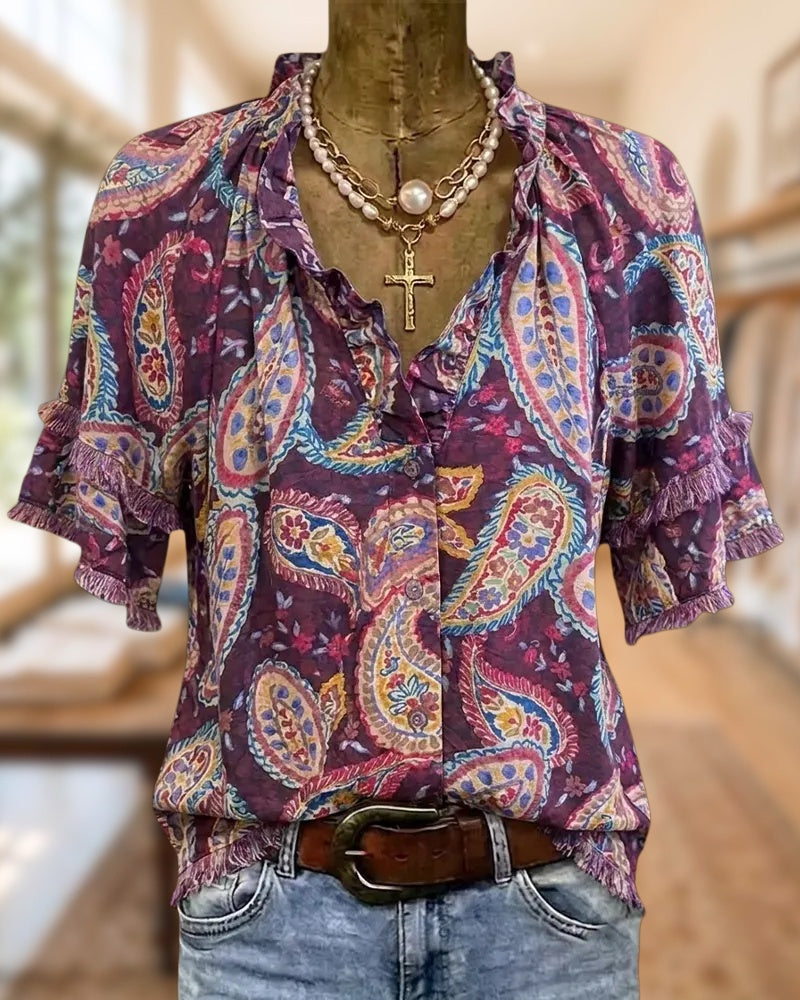 Paisley Print Tiered Ruffle V Neck Short Sleeve Blouse
