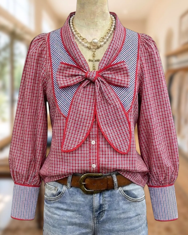Plaid Pussy Bow Contrast Trim Long Sleeve Sweet Blouse