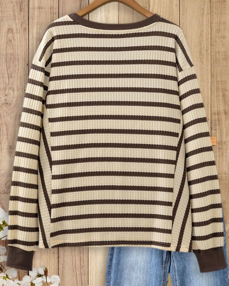Striped Waffle Knit Crew Neck Long Sleeve Casual Sweatshirt