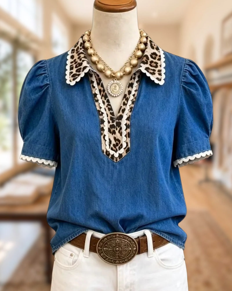 Leopard Trim Scalloped Edge Puff Sleeve Collared Casual Blouse