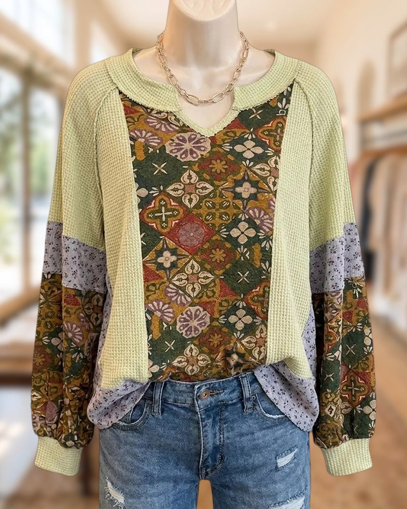 Patchwork Print Contrast Panel Notched Neck Loose Long Sleeve Blouse