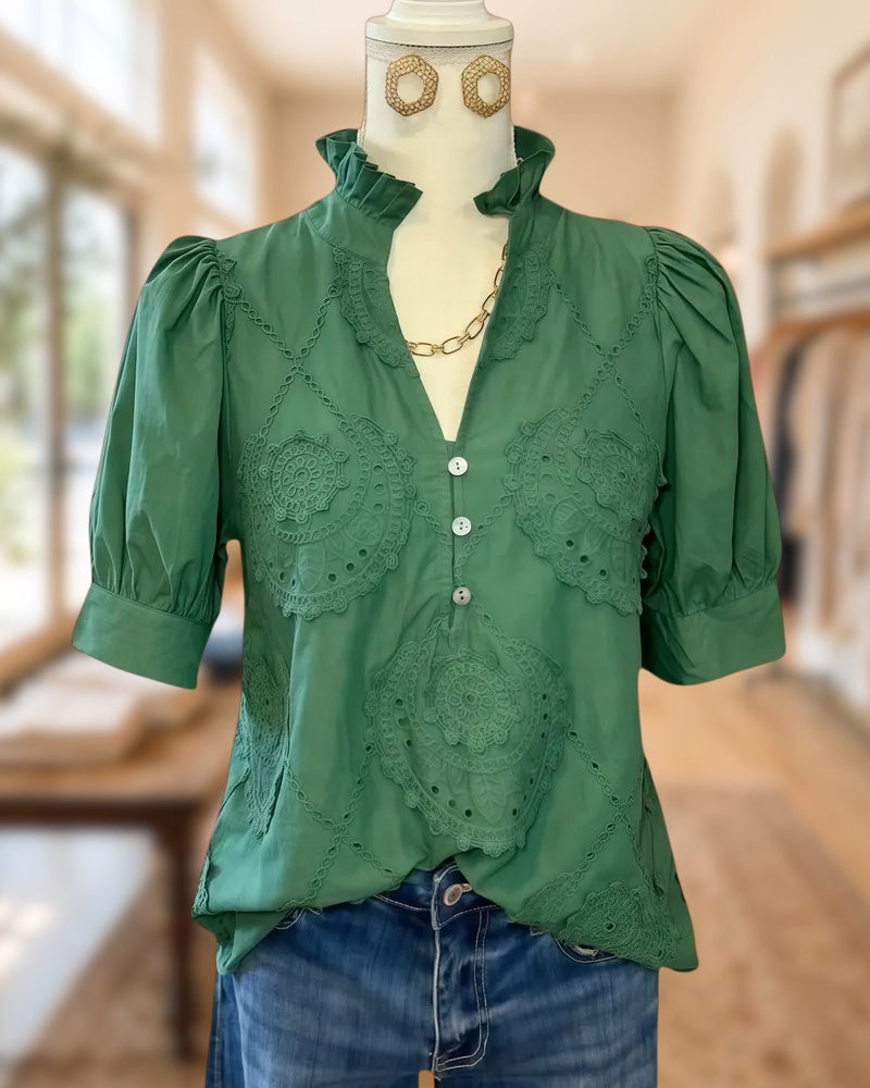 Floral Embroidery Smart Puff Sleeve V Neck Blouse