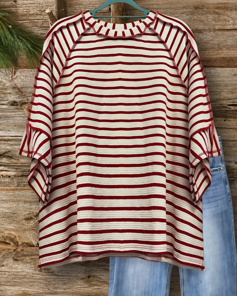 Striped Round Neck Cozy Seamed Detail Shirt