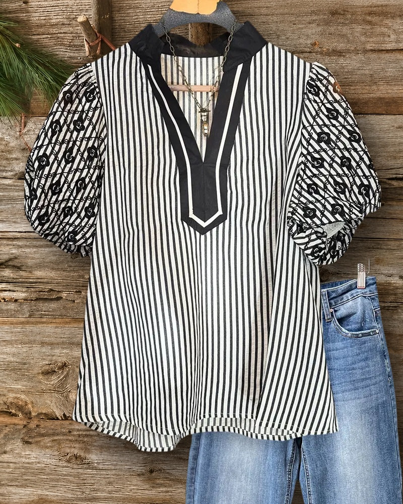 Striped V Neck Puff Sleeve Embroidered Contrast Placket Casual Blouse
