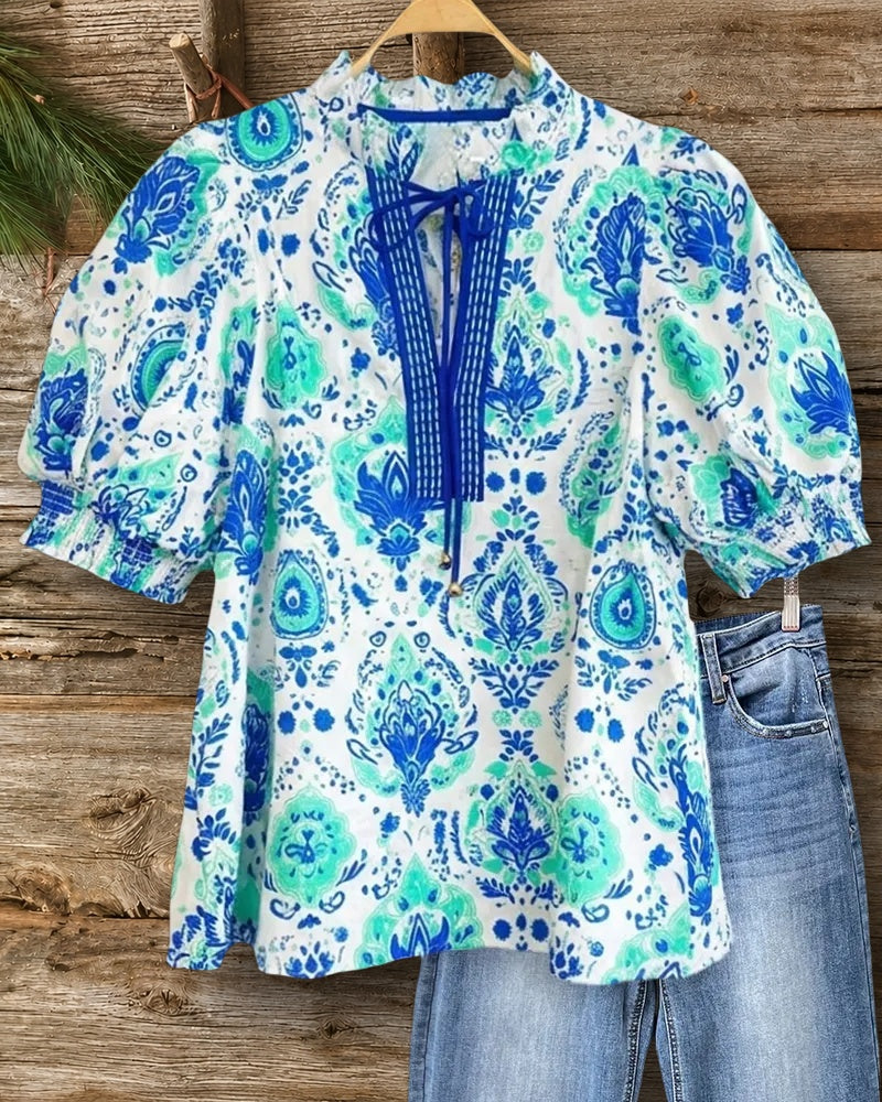Paisley Print Tie Neck Puff Sleeve Loose Fit Blouse