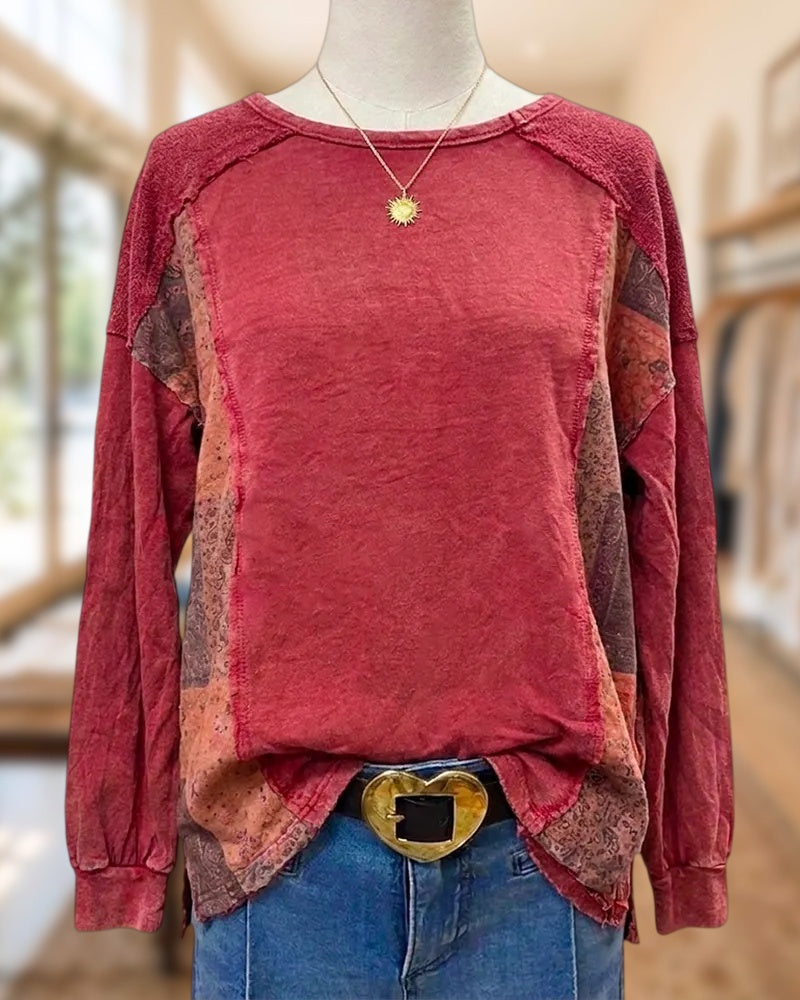 Patchwork Long Sleeve Exposed Seam Round Neck Casual Sweatshirt
