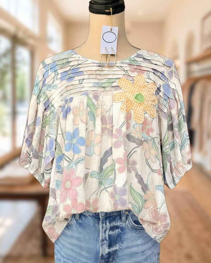Applique & Floral Print Pleated Detail Rocking Blouse